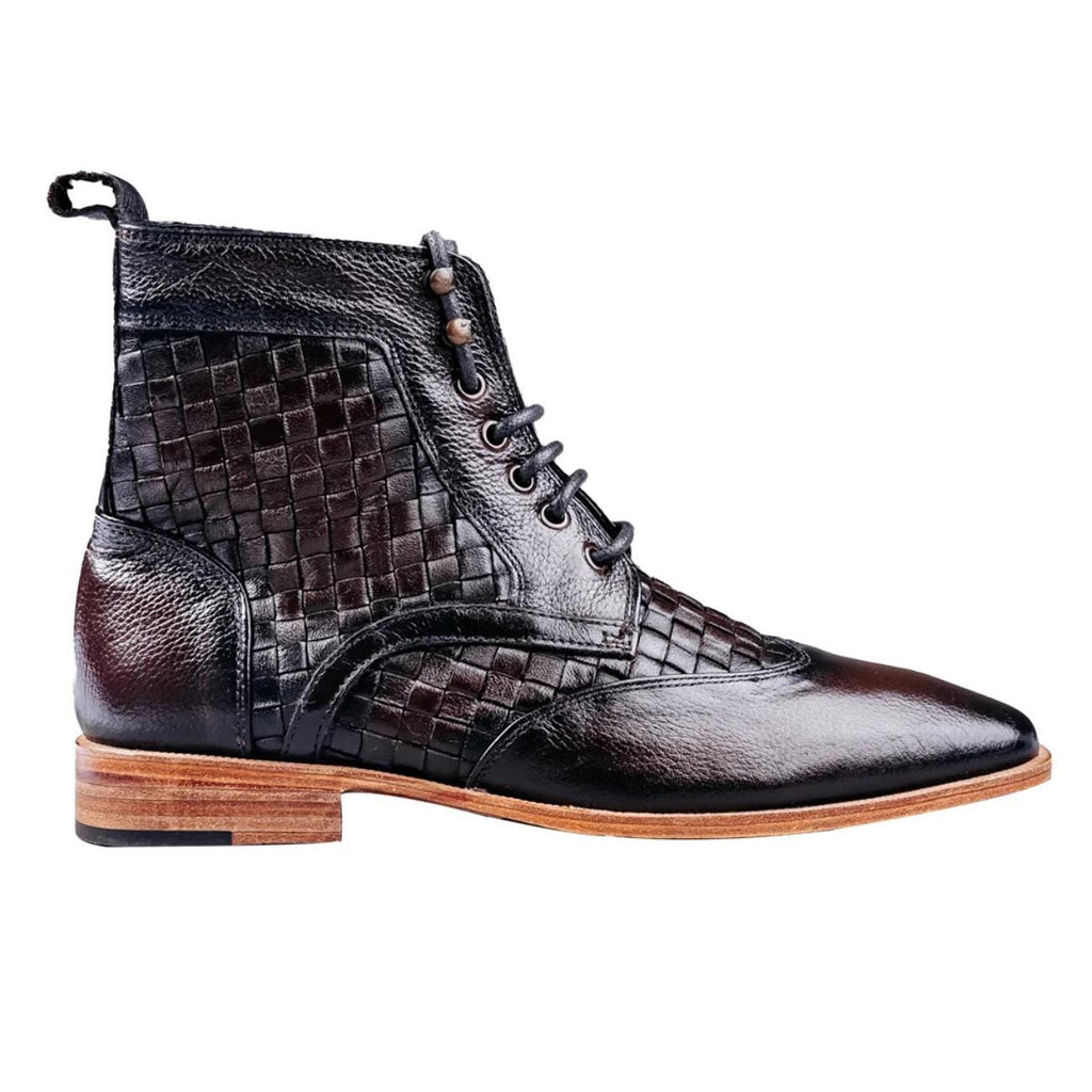 Men's Handwoven Leather Ankle Boots – Genuine Cowhide Vintage Style Lace-Up Shoes with Leather Sole