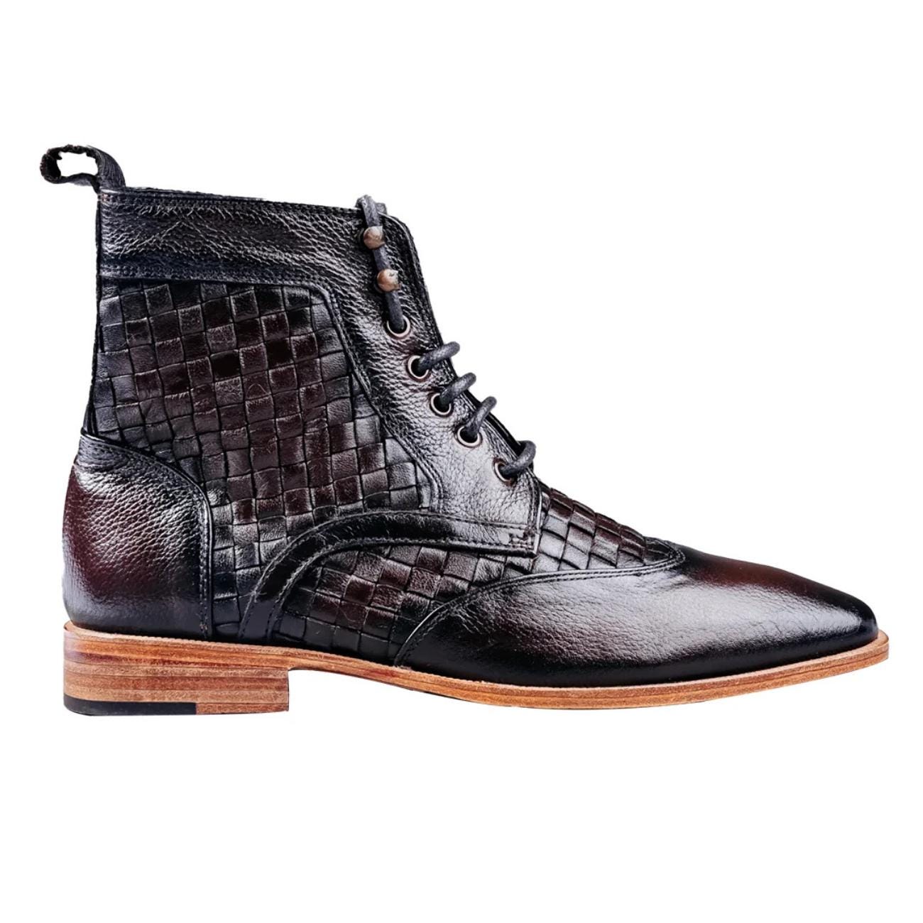 Men's Handwoven Leather Ankle Boots – Genuine Cowhide Vintage Style Lace-Up Shoes with Leather Sole