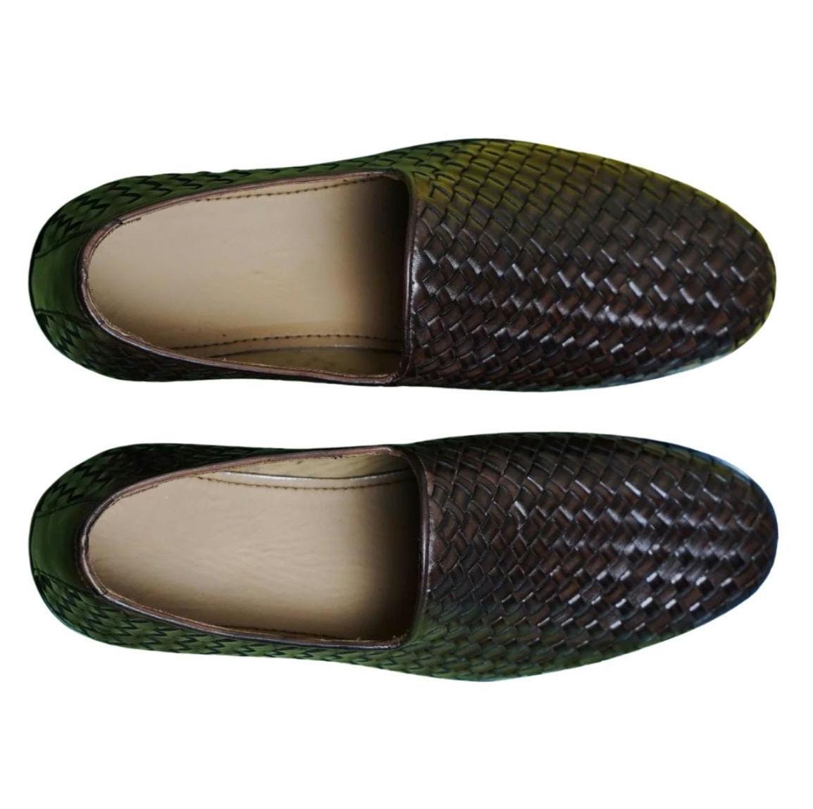 Handmade Woven Brown Leather Loafers: Men's Venetian Slip-Ons Moccasins