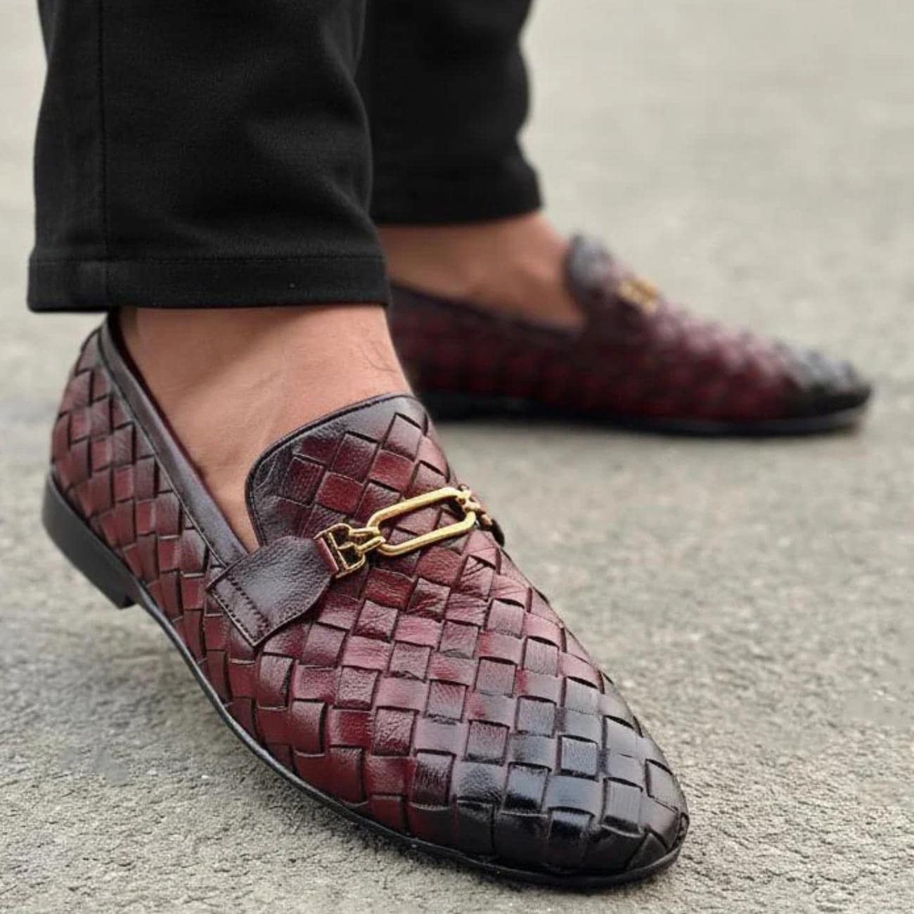 Handmade Woven Leather Loafers – Men's Dress Shoes with Rubber Sole – Mens Moccasins